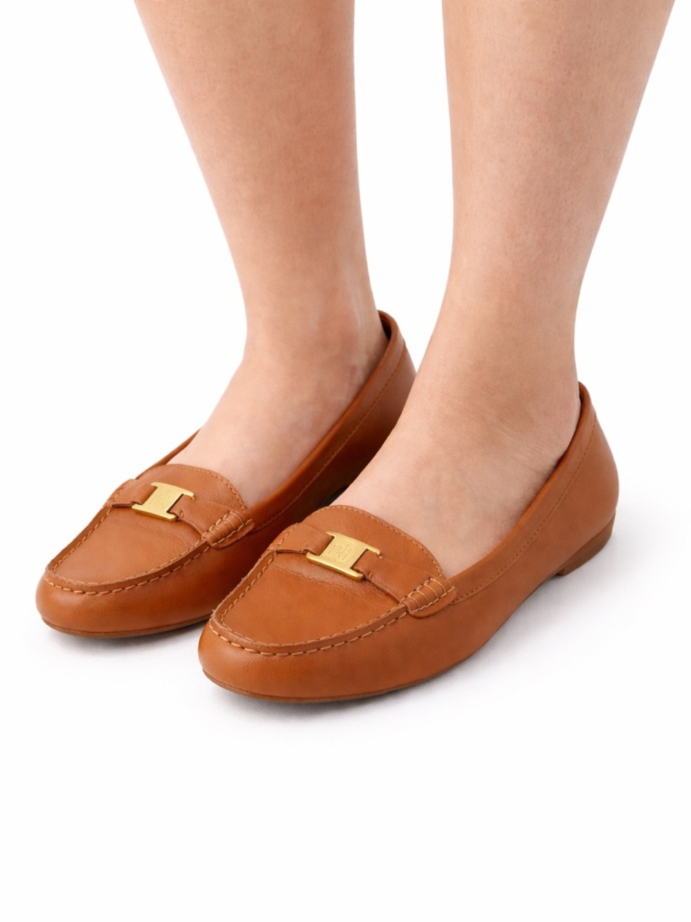 Size 9 Lauren Ralph Lauren Women’s Brown Loafers Gold Logo Leather Slip On